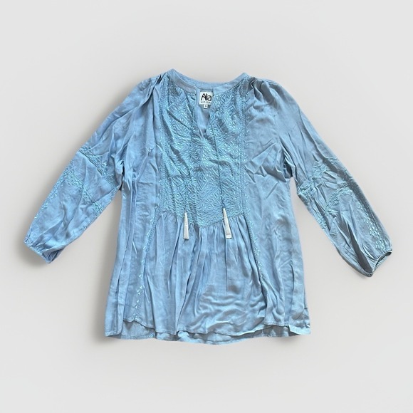 Alia Qureshi Tops - NWOT Womens Small Blue Embroidered Tunic Blouse Shirt Pullover Tassel Boho Flowy